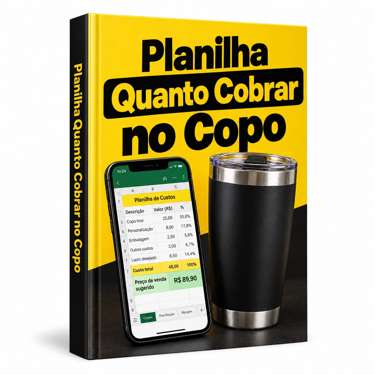 Mockup ilustrativo do bônus Planilha Quanto Cobrar no Copo