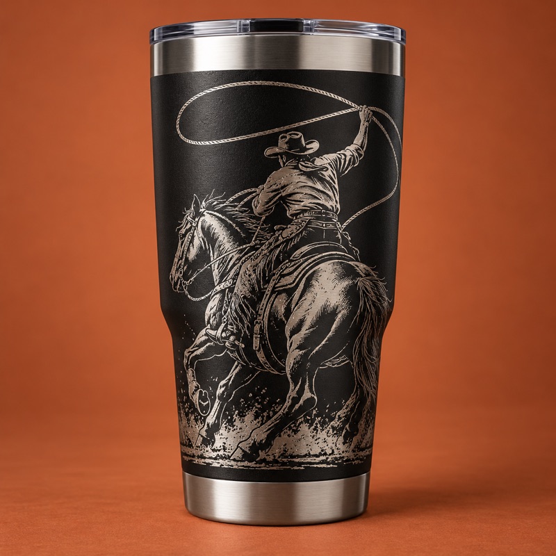 copo térmico inox gravado em 360° com cena de rodeio — imagem ilustrativa