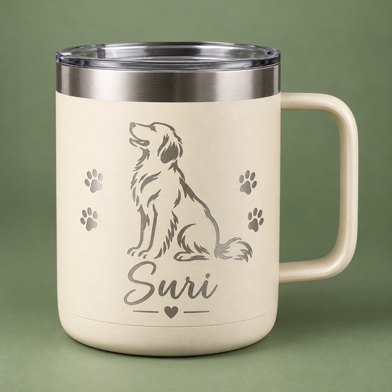 caneca gravada com silhueta de cachorro e nome do pet — imagem ilustrativa