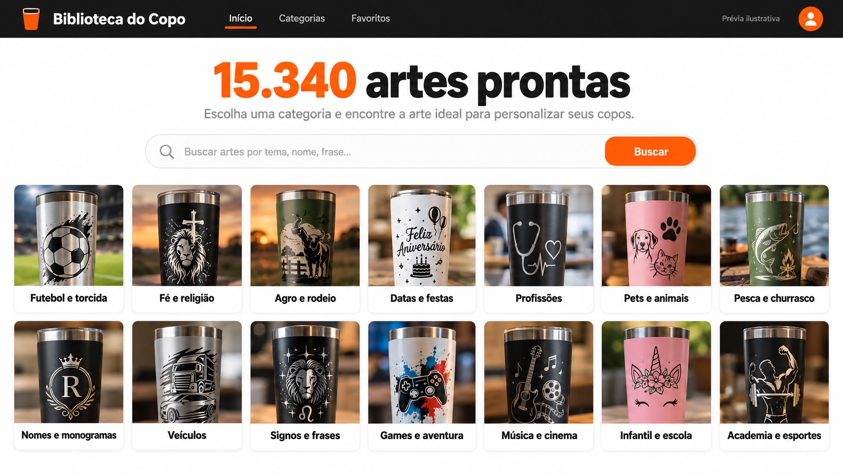 Prévia ilustrativa da área de membros com 15.340 artes e 14 categorias