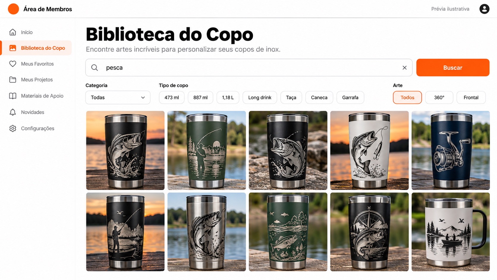 Prévia ilustrativa da busca por pesca com filtros por categoria, copo e arte 360° ou frontal