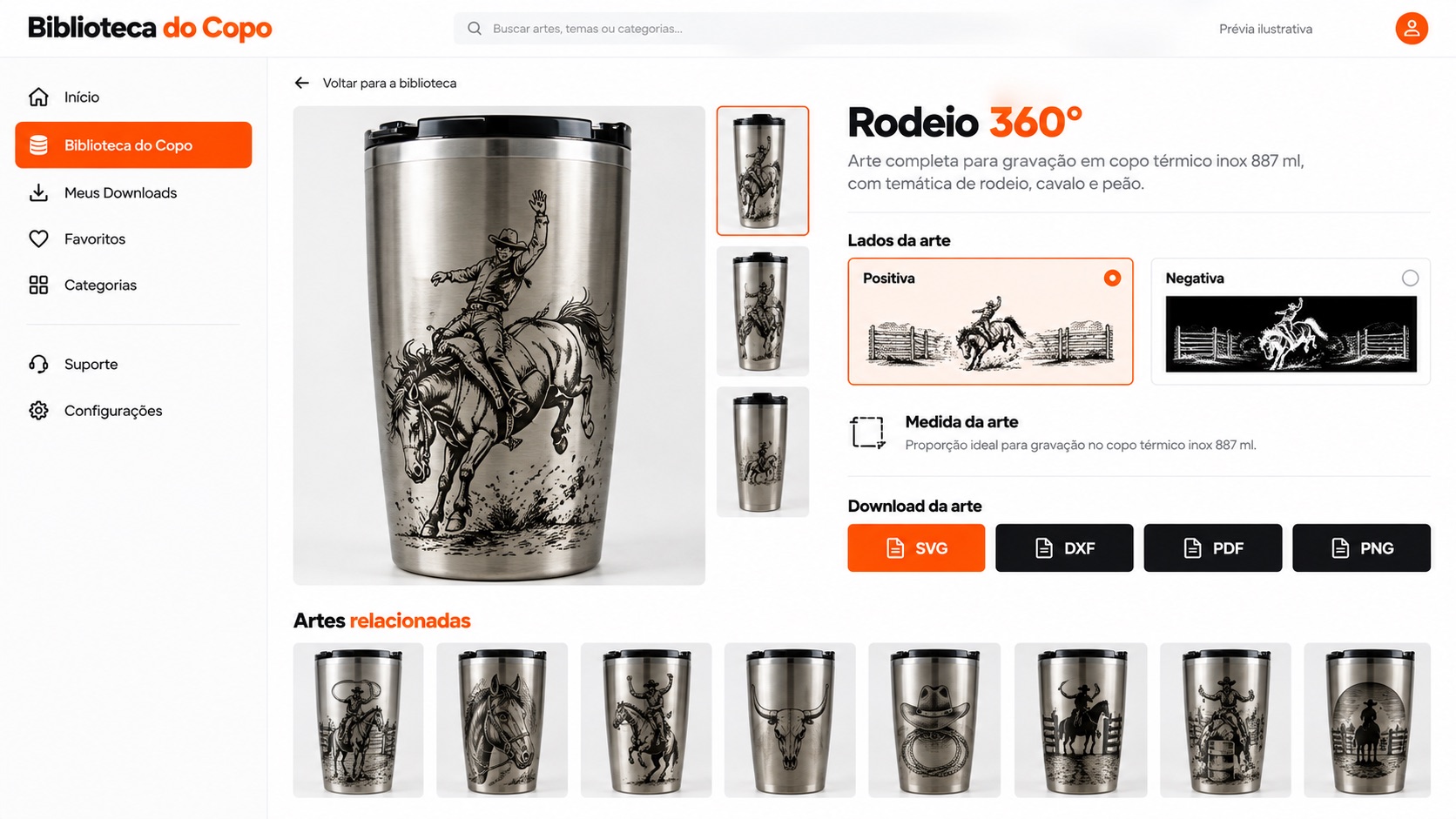 Prévia ilustrativa de arte Rodeio 360° com versões positiva e negativa e download em SVG, DXF, PDF e PNG